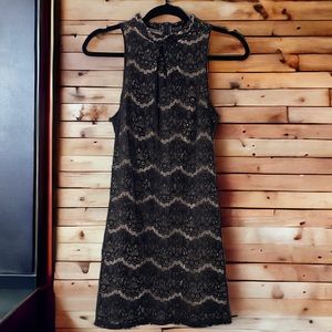 Black and Nude Lace Mock Neck Mini Dress
